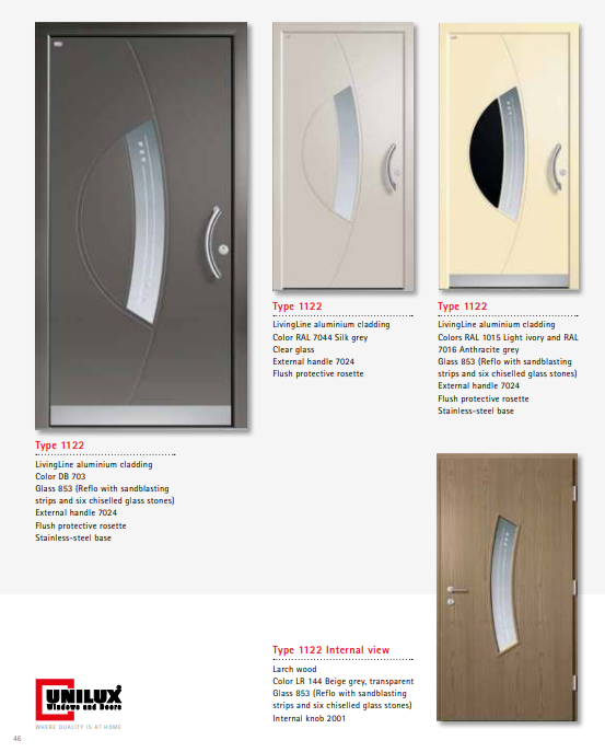 Type 1122 LivingLine – Chiselled Stone Sandblast Glass LivingLine Door, Six Glass Stones, Reflo Glass, Beige Grey Interior, Advanced Multipoint Lock, 2100 Color Combinations